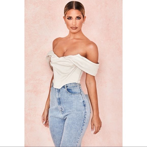 House of CB Silva Ivory Satin Draped Shoulder Corset Top - Picture 8 of 16